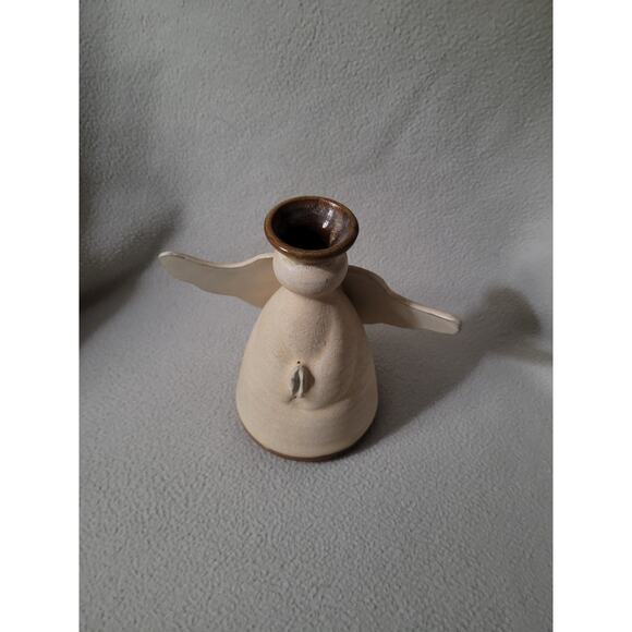 Pottery Angel Candle Holder Clay Signed Winged - Picture 3 of 9